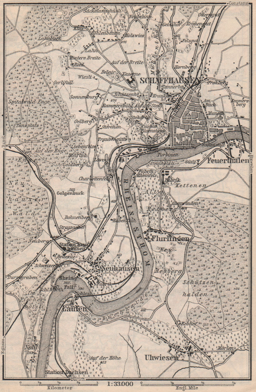 SCHAFFHAUSEN environs. Flurlingen Feuerthalen Neuhausen. Schweiz 1897 old map